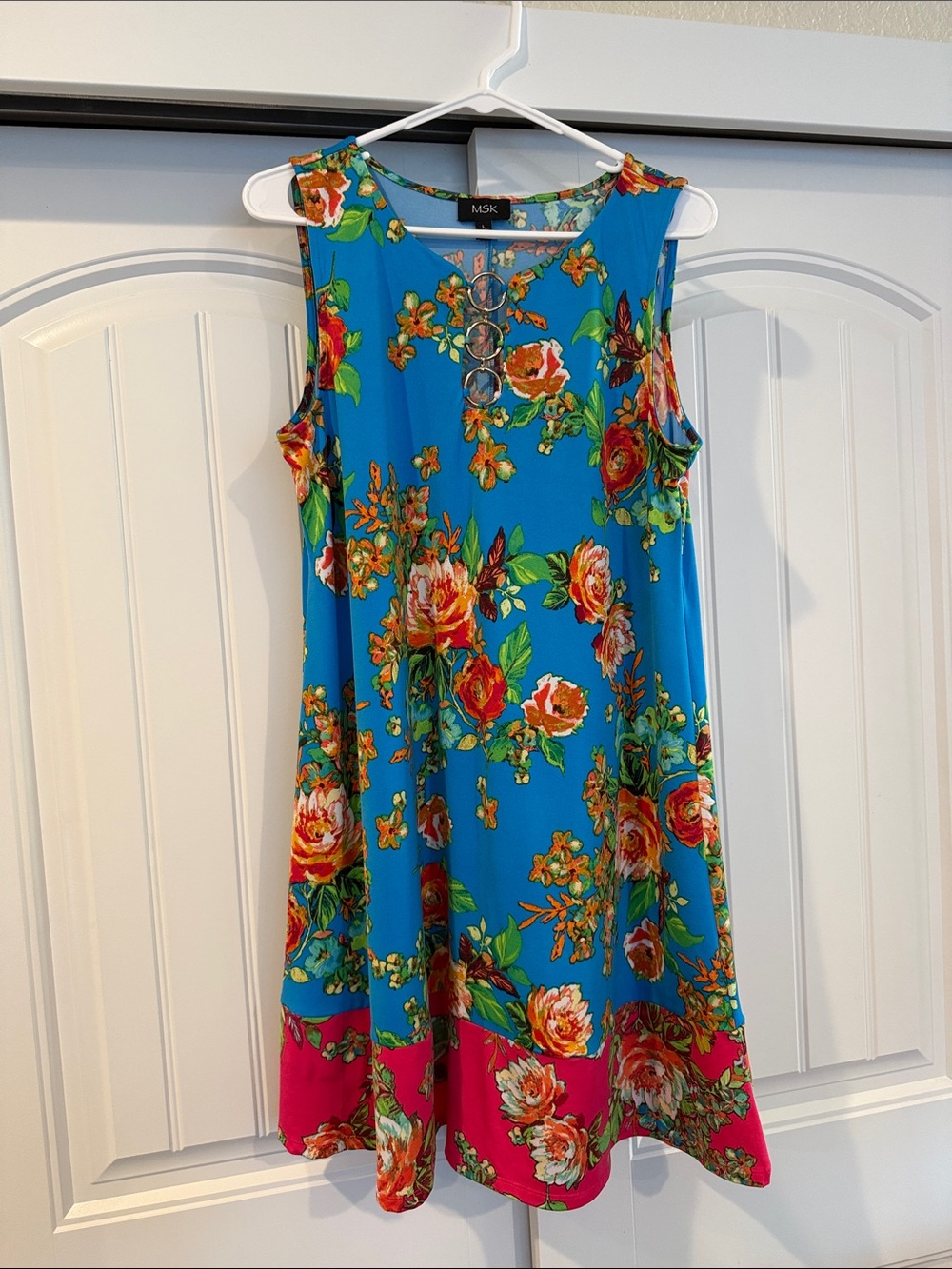 MSK Turquoise Floral Sleeveless A-Line Dress with Pink Hem